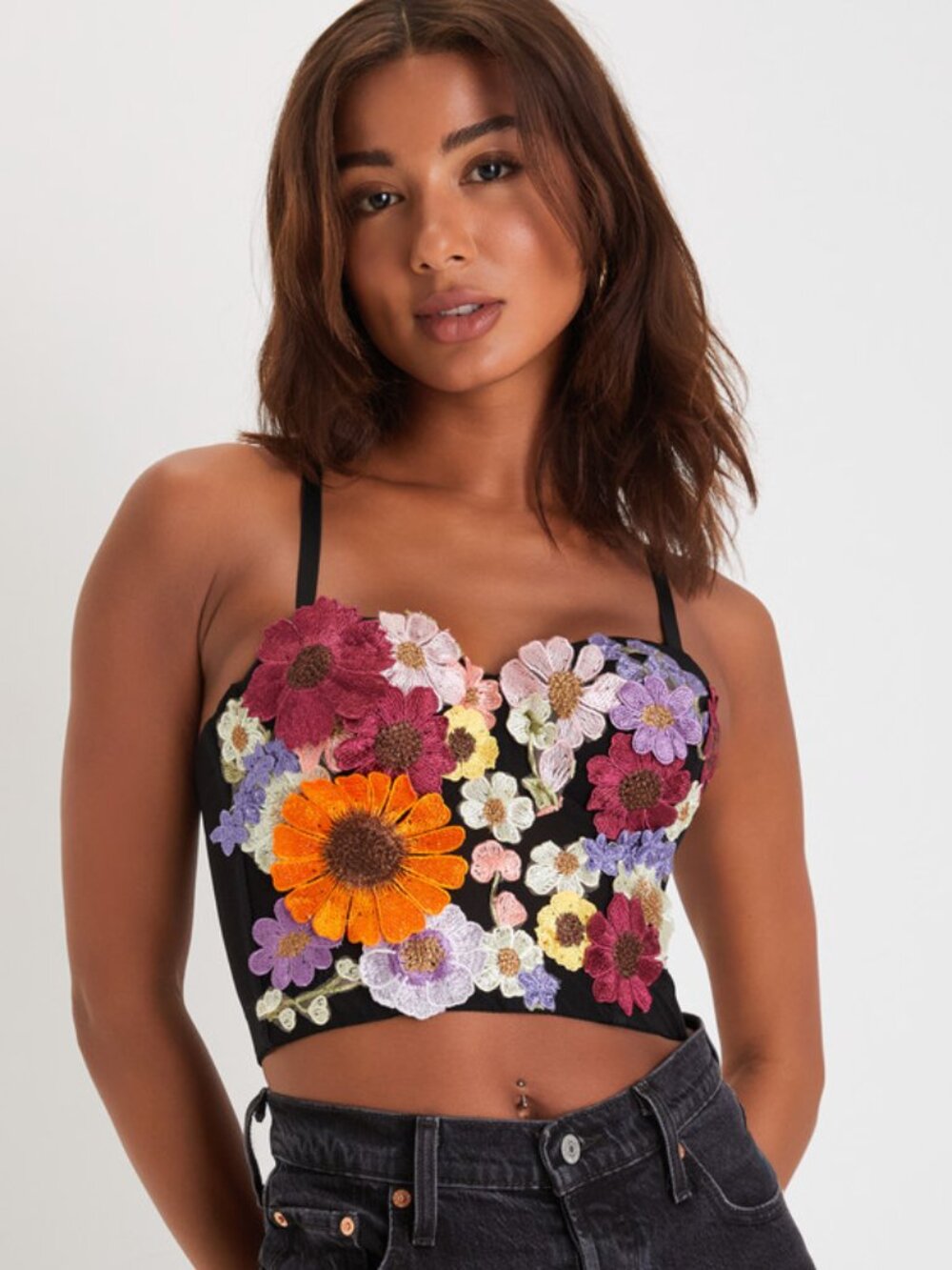 NWT Lulus Flirty Icon Black 3d Floral Embroidered Bustier Tank Top - Size XS